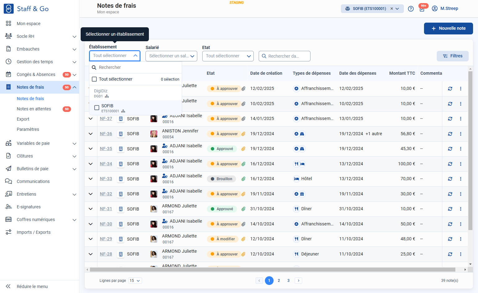 Une fois avoir filtré sur un dossier/groupement, l'ensemble des filtres "Etablissement" présents dans l'application seront limités au périmètre du filtre général
