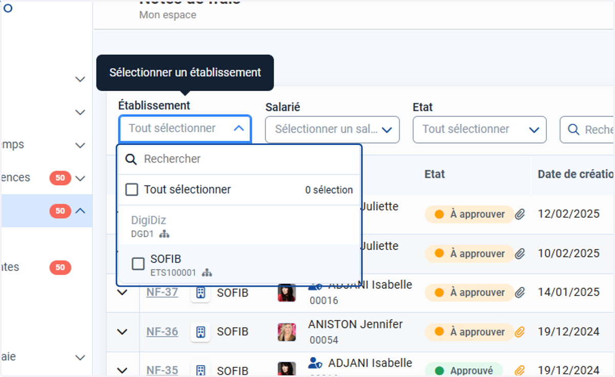 Une fois avoir filtré sur un dossier/groupement, l'ensemble des filtres "Etablissement" présents dans l'application seront limités au périmètre du filtre général