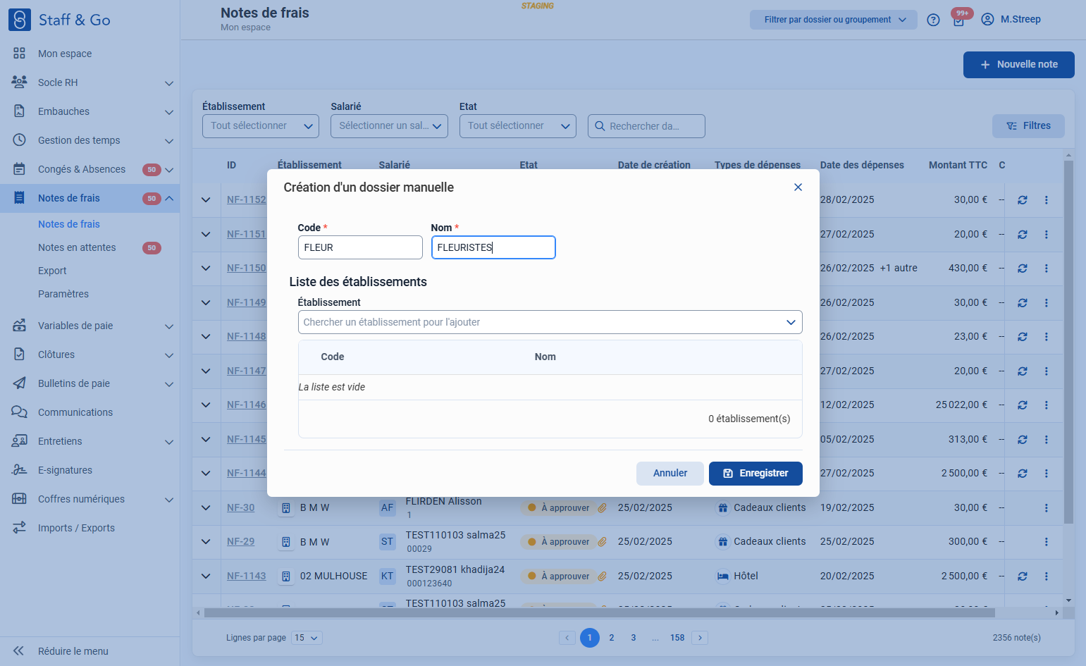 Renseigner un code et un nom
