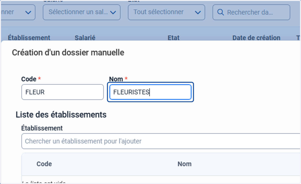 Renseigner un code et un nom