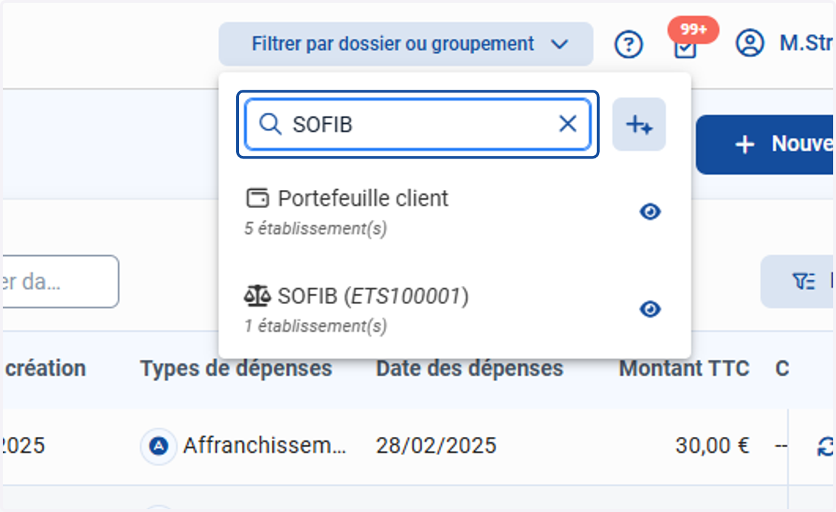 Saisir un code dossier, un nom de groupement ou un établissement