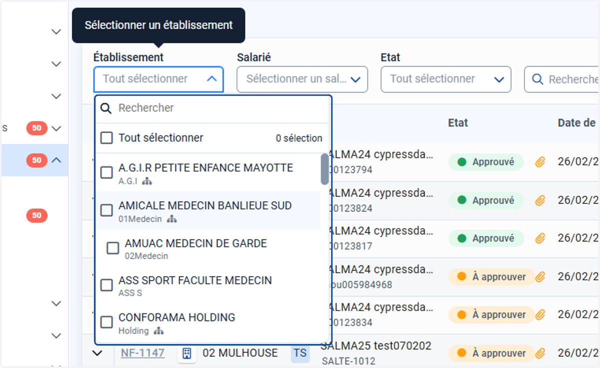 Si aucun filtre n’est appliqué, tous les établissements sont visibles dans les interfaces