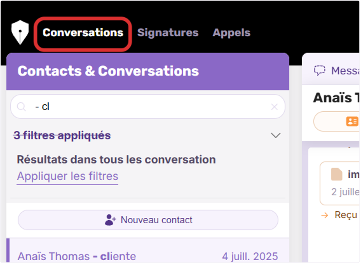 Assurez-vous d'être dans le menu Conversations