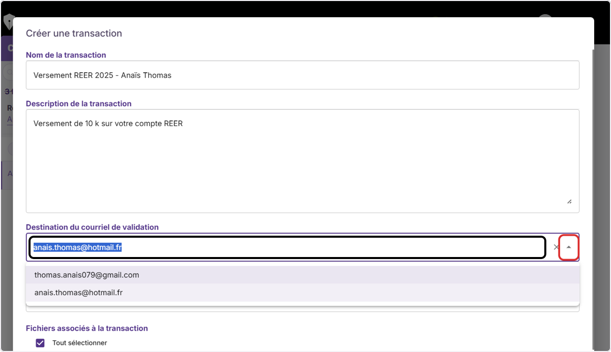 Sélectionnez l'adresse courriel à laquelle vous souhaitez envoyer le code d'authentification