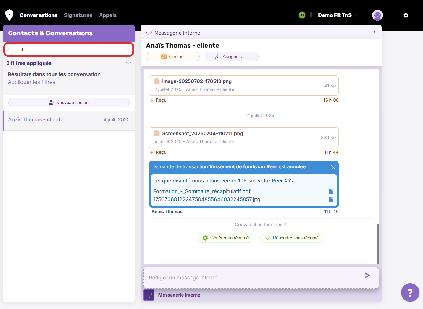 Recherchez via la loupe le client concerné