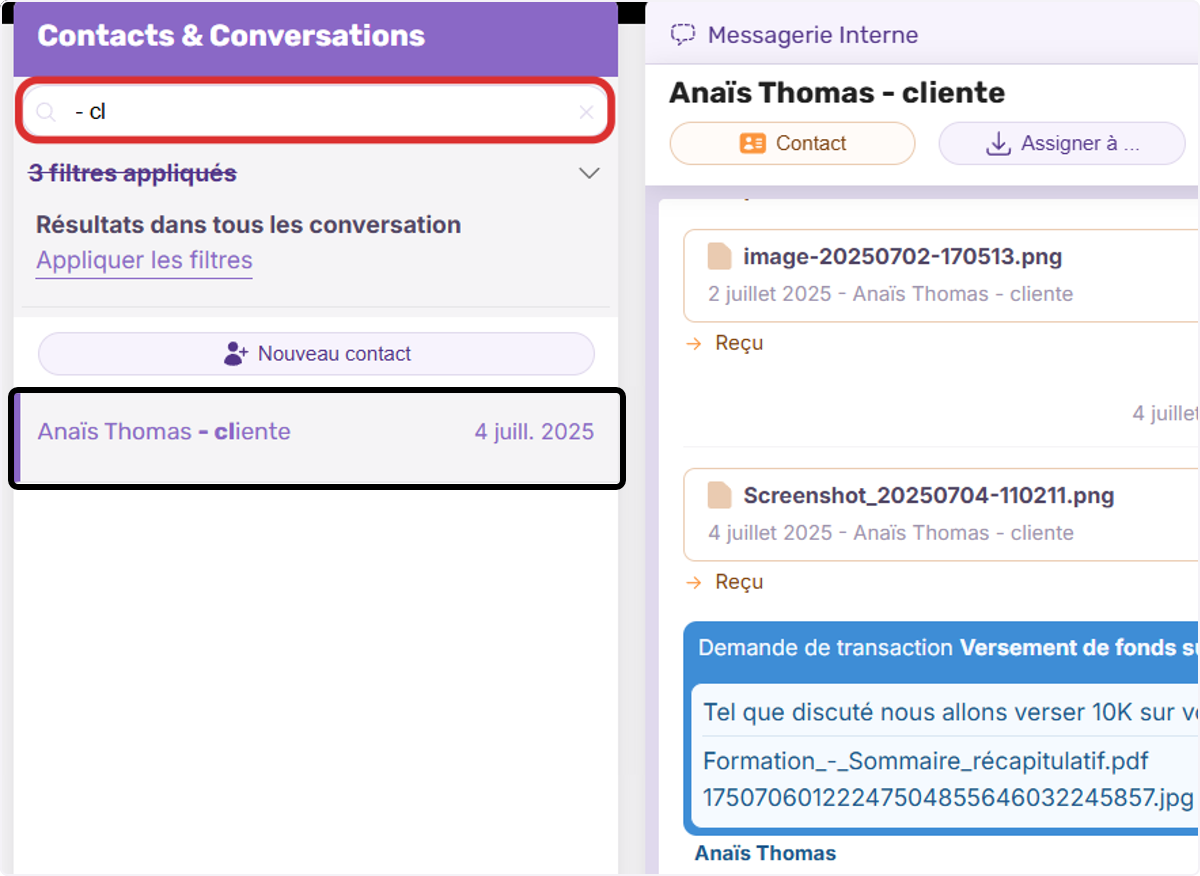 Recherchez via la loupe le client concerné