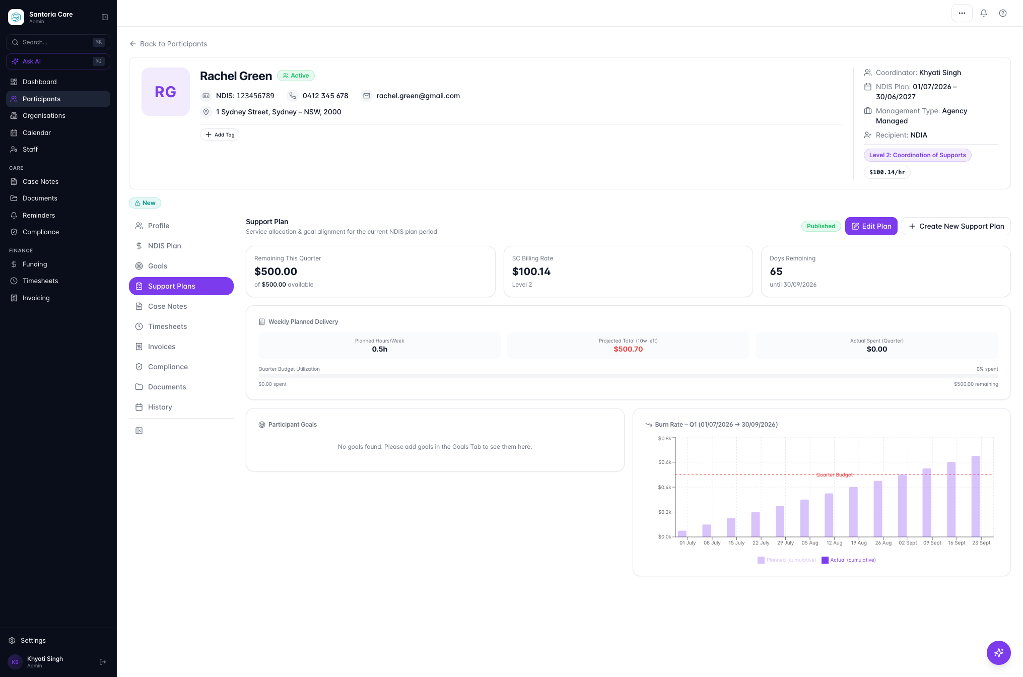 Your new Support Plan should now be displayed on the Participant's page