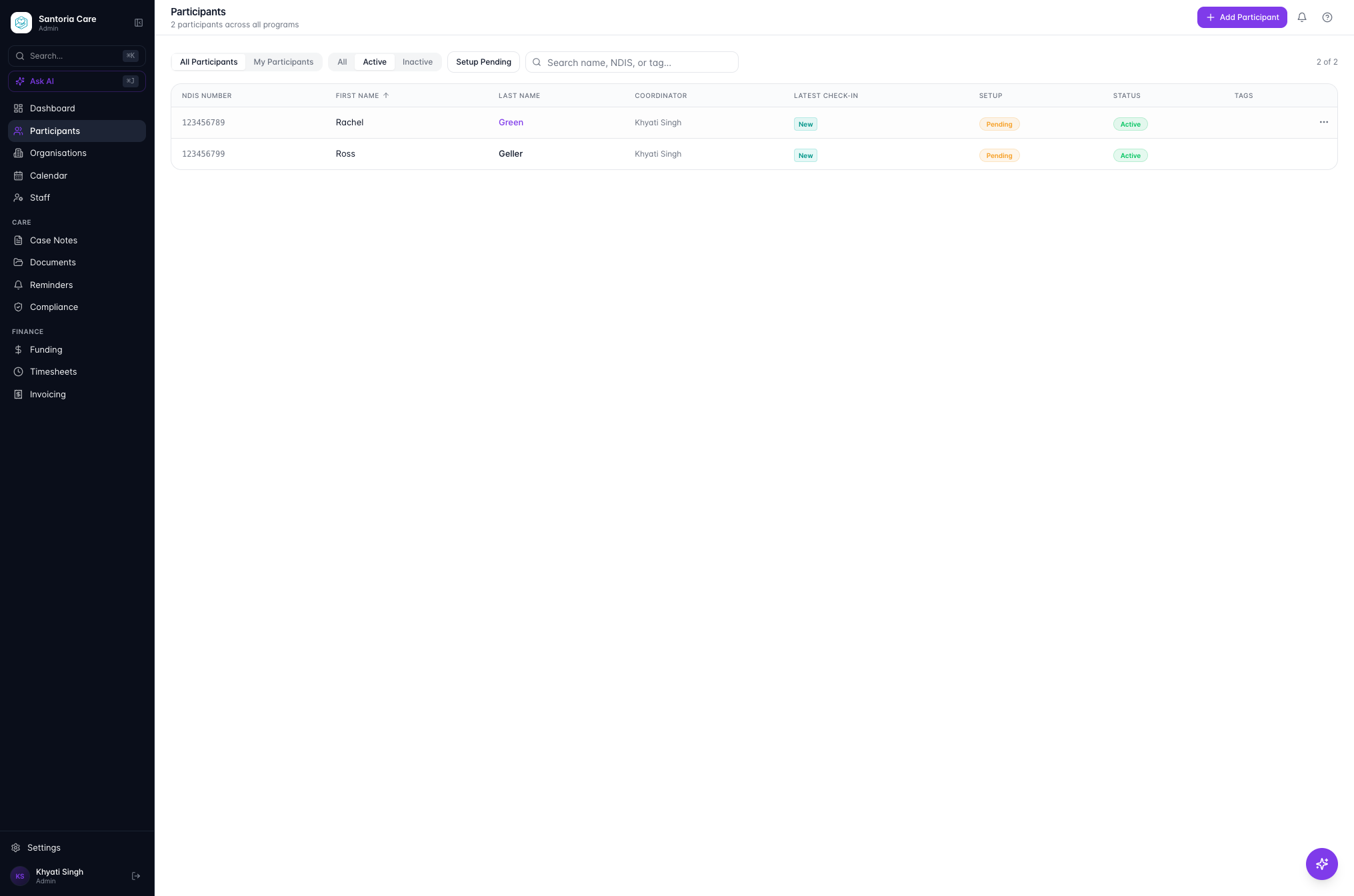 Select the Participant you want to add a Support Plan for