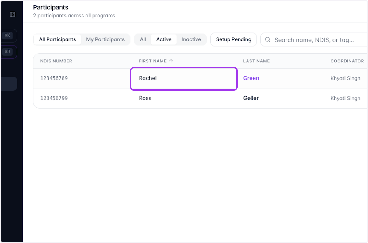 Select the Participant you want to add a Support Plan for