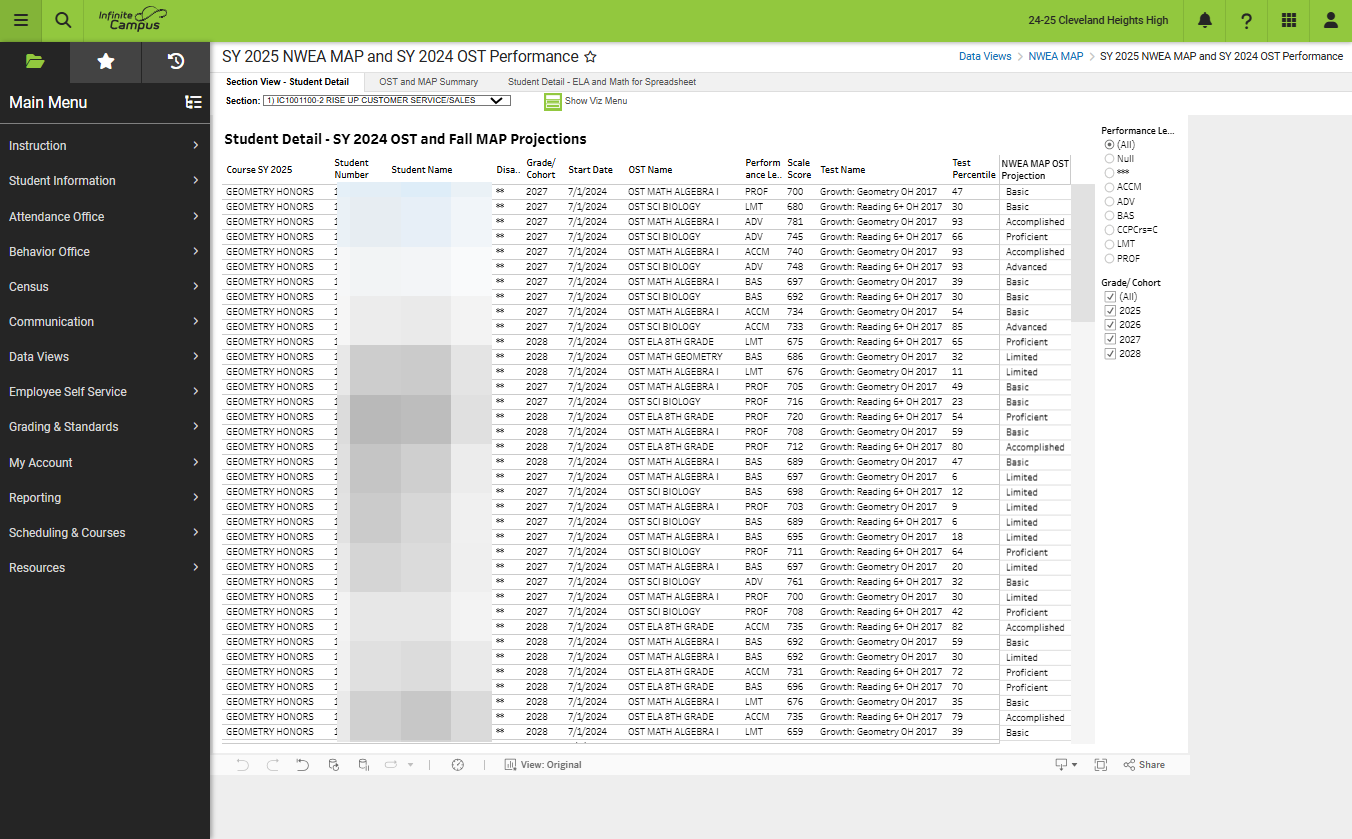 The first report shows only students on your roster, their MAP projection and last year's OST performance level. Click on Menu to close it and make the table larger.