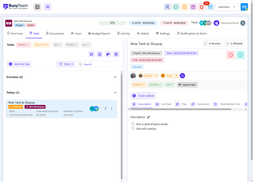 Navigate to the Task tab inside the workspace to view all workspace tasks, overdue items, ongoing activities, and task execution details.