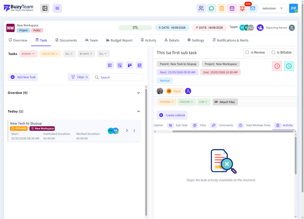Click on the Activity tab to review all actions performed on the subtask, including status updates, assignments, edits, comments, uploads, and workflow changes for complete activity tracking and audit visibility.