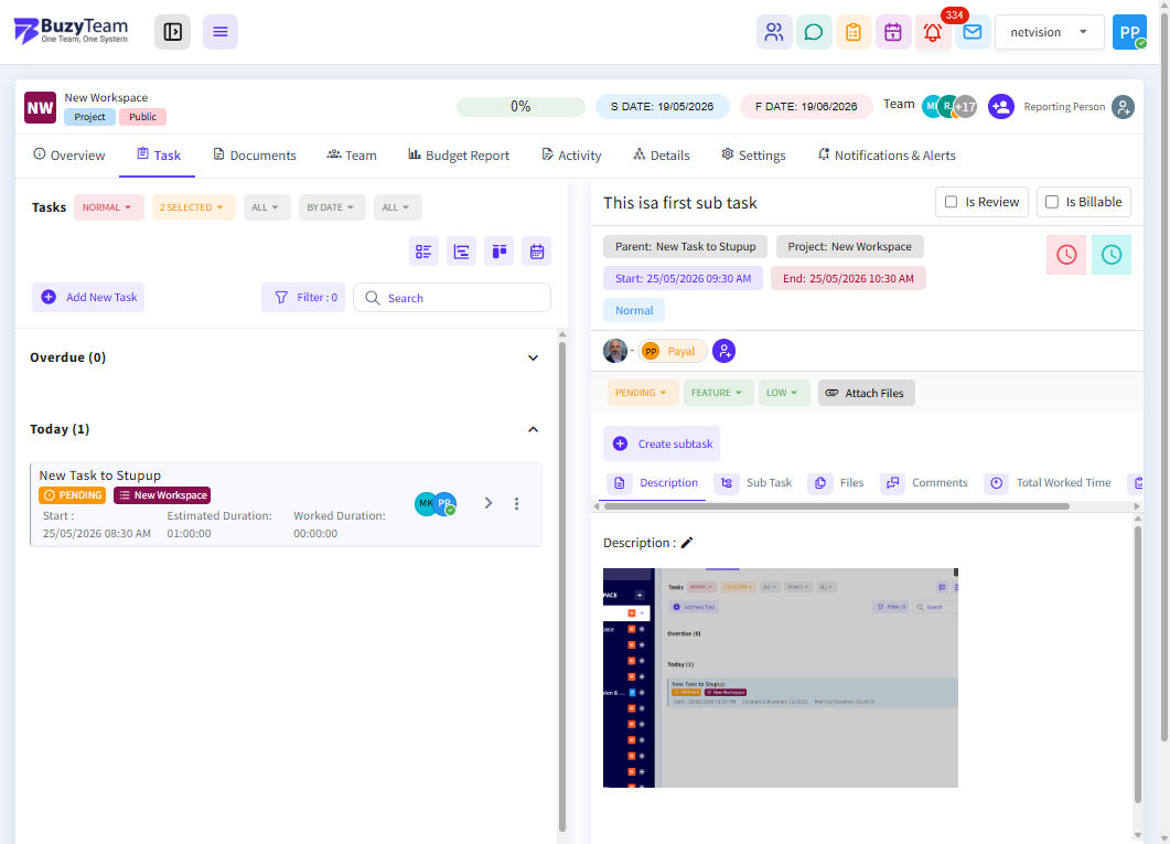 The newly created subtask will appear in the subtask list with details such as:
