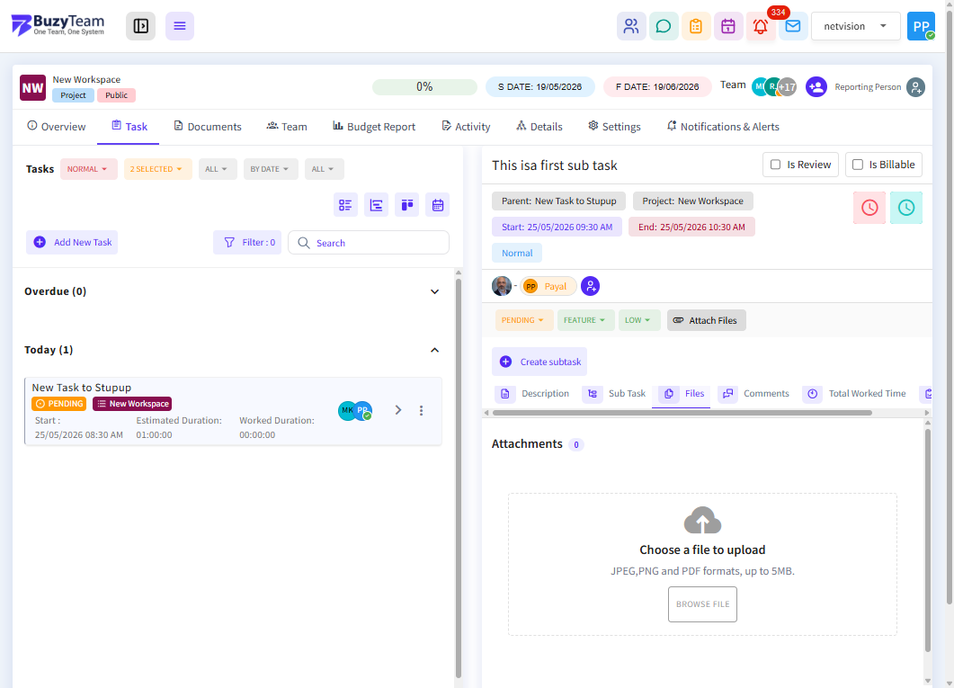 Open the Files tab to upload attachments, project documents, images, PDFs, or other resources specific to the subtask.