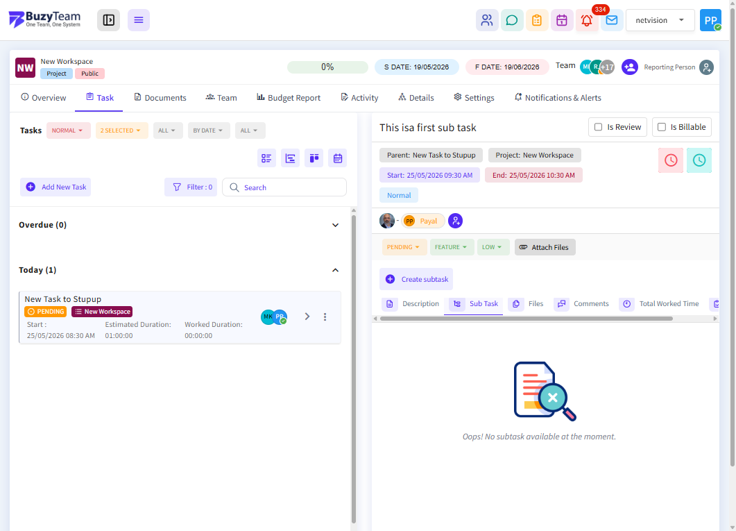Click on the created subtask to open its detailed task management page for updates, collaboration, and tracking.
