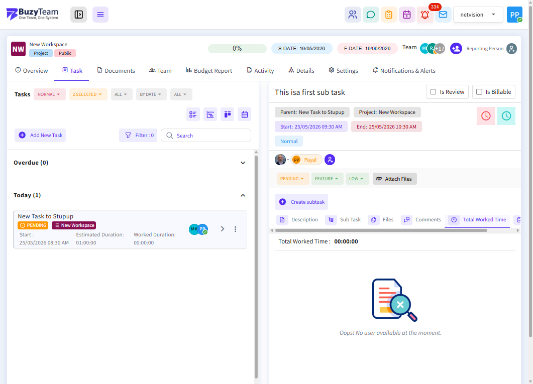 Open the Total Worked Time tab to monitor the actual time logged against the subtask by assigned users. This helps compare estimated time versus real execution time for productivity and project tracking.