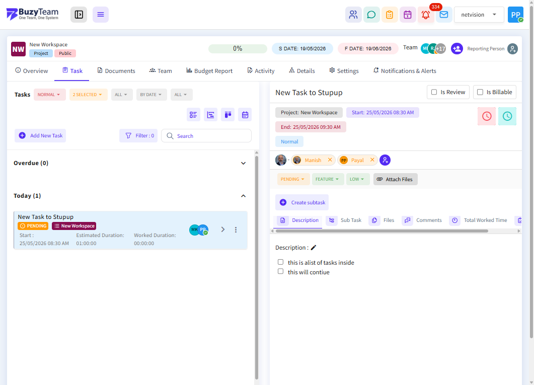 Click on the Description tab to add detailed task information, instructions, checklists, notes, or execution requirements.