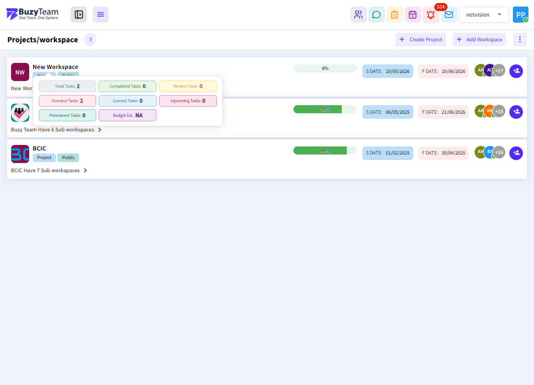 Select the required workspace from the workspace list to open its project dashboard and manage related tasks, timelines, and team activities.