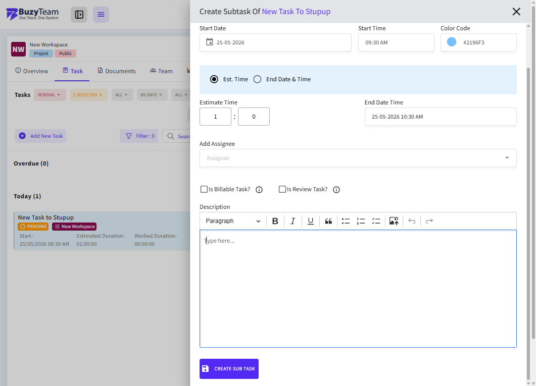 Enter detailed execution instructions, notes, deliverables, or task requirements in the description editor to guide team members properly.