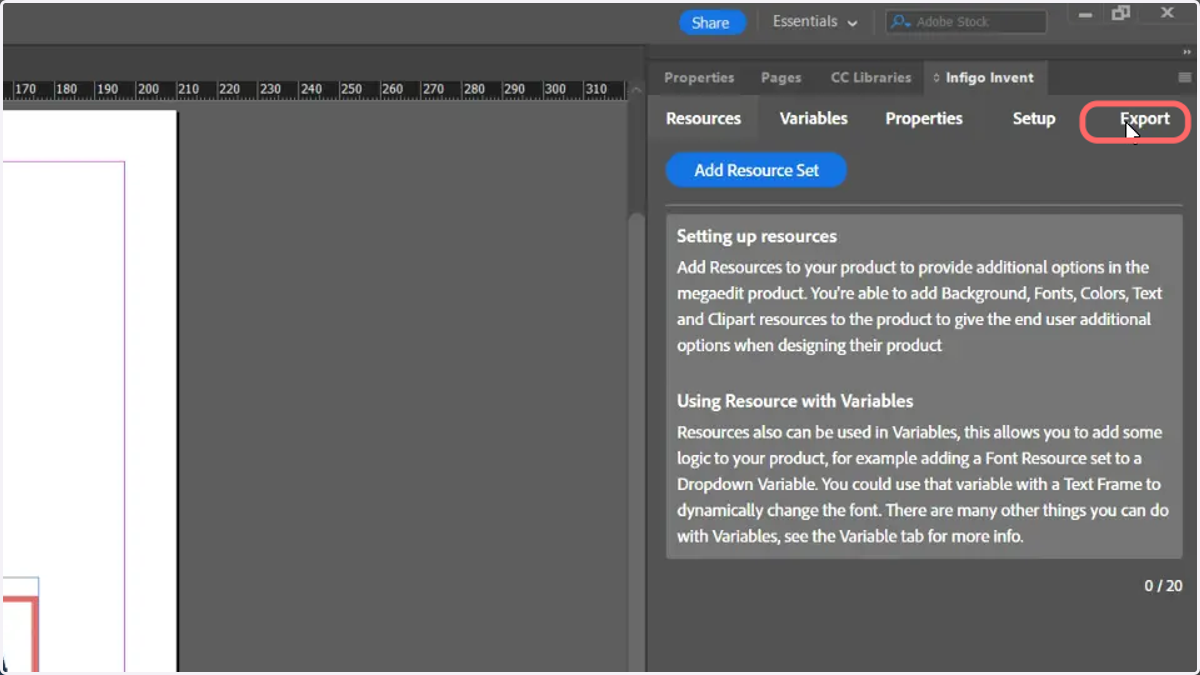 Navigate to the Export tab of the Infigo Invent tab in Adobe InDesign