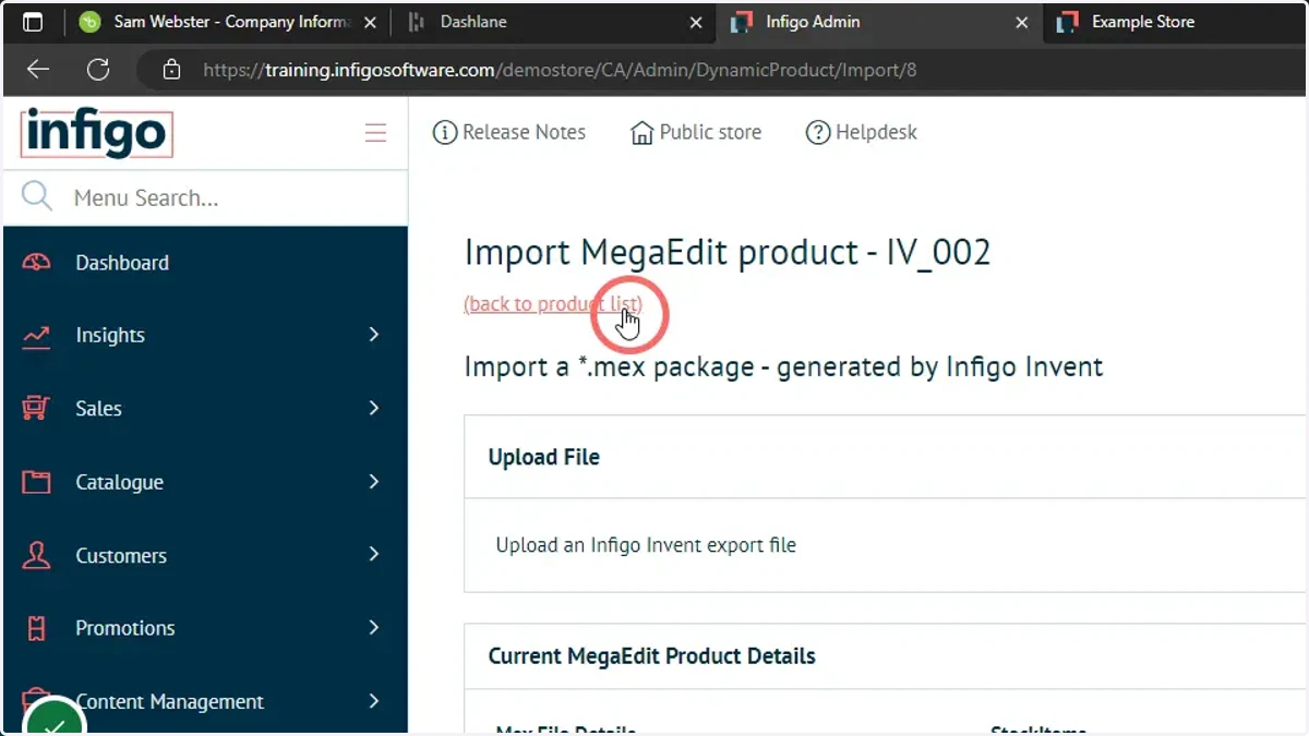 Click back to product list