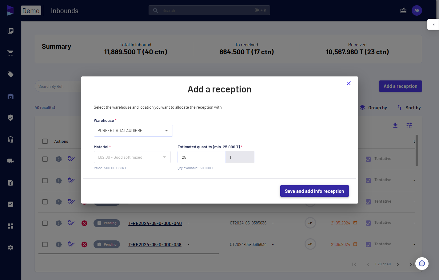 Select warehouse, specify weight, and click on 'Save and add info reception'