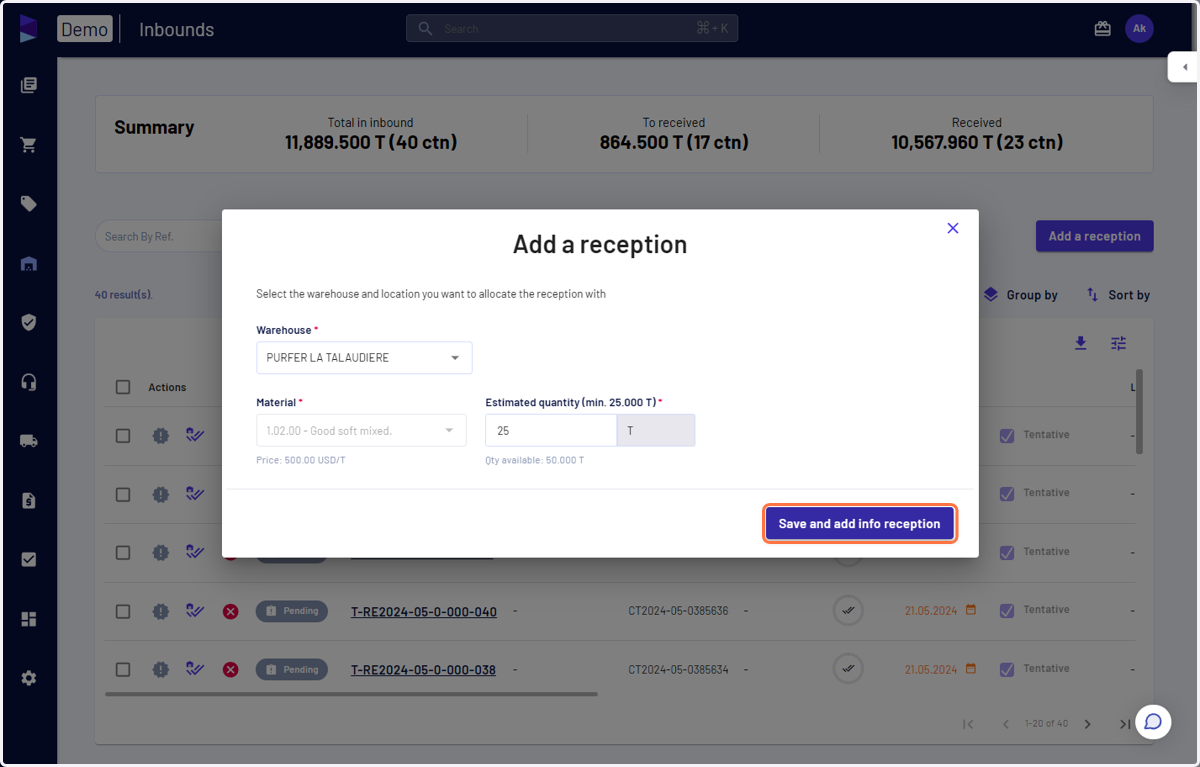 Select warehouse, specify weight, and click on 'Save and add info reception'