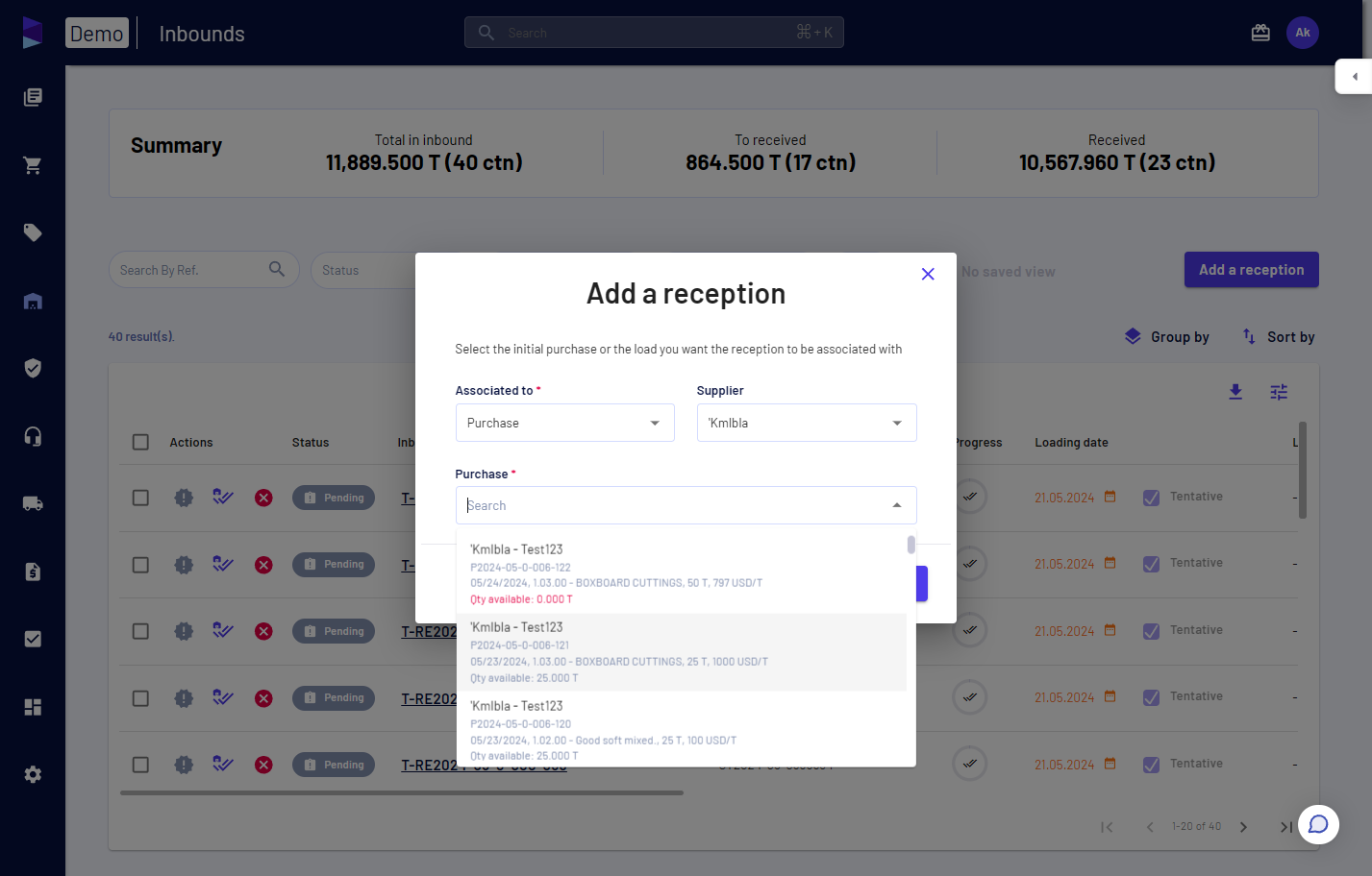 Select your supplier and respective purchase from the list