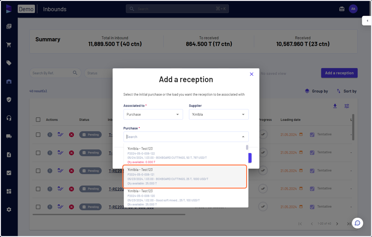 Select your supplier and respective purchase from the list