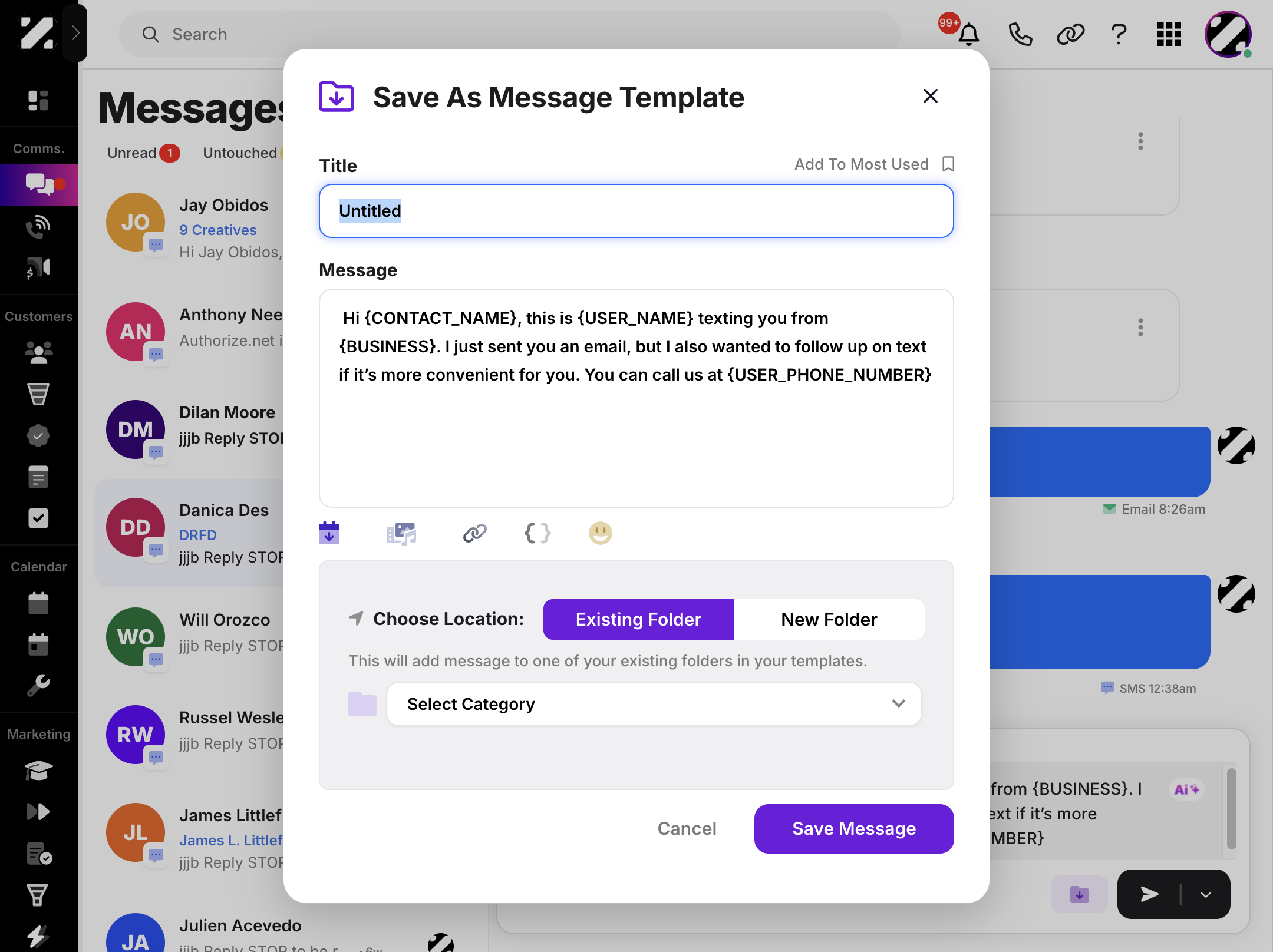 A pop-up will appear, where you can enter a title for your template and edit the message you typed earlier. From here, you can also add a booking invite link, media, links, shortcodes, or emojis.