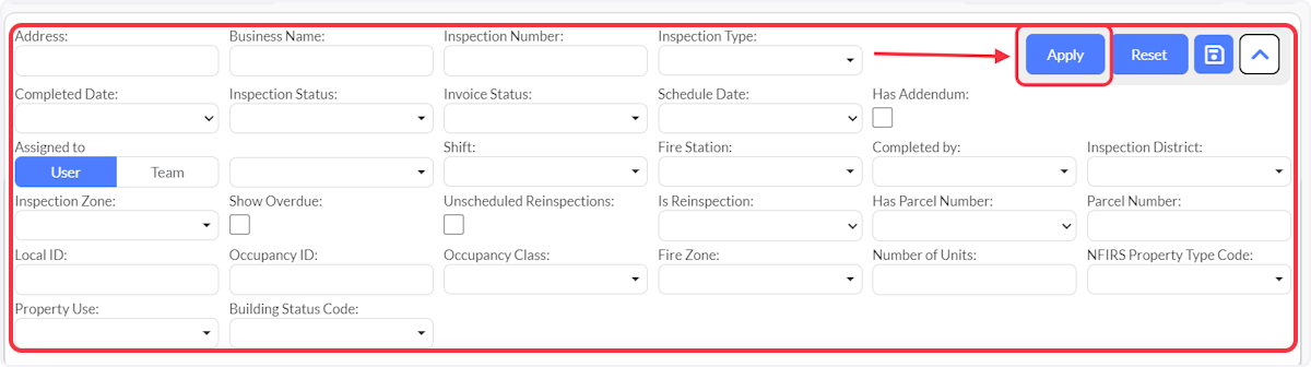 Enter or select data to filter the Inspections List by and select Apply.