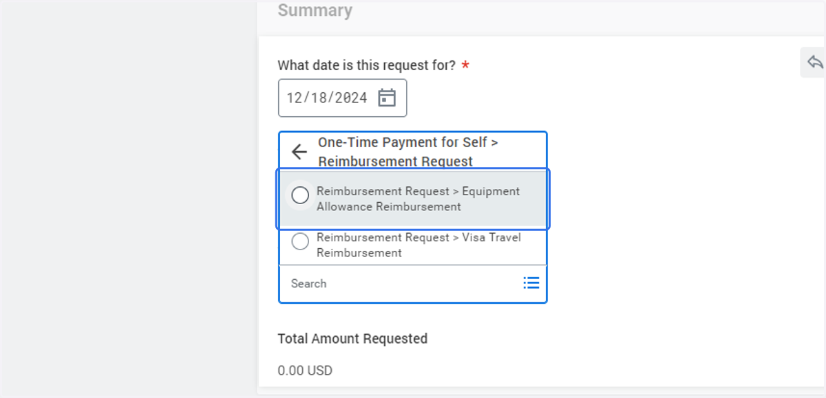 Select the 'Equipment Allowance Reimbursement' option