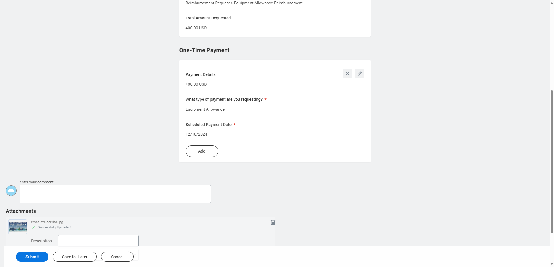 Upload copies of receipts that equate to the value requested to be reimbursed. Receipts MUST be clear and show itemized amounts and the total in USD. Receipts not meeting this requirement may lead to the reimbursement being rejected.