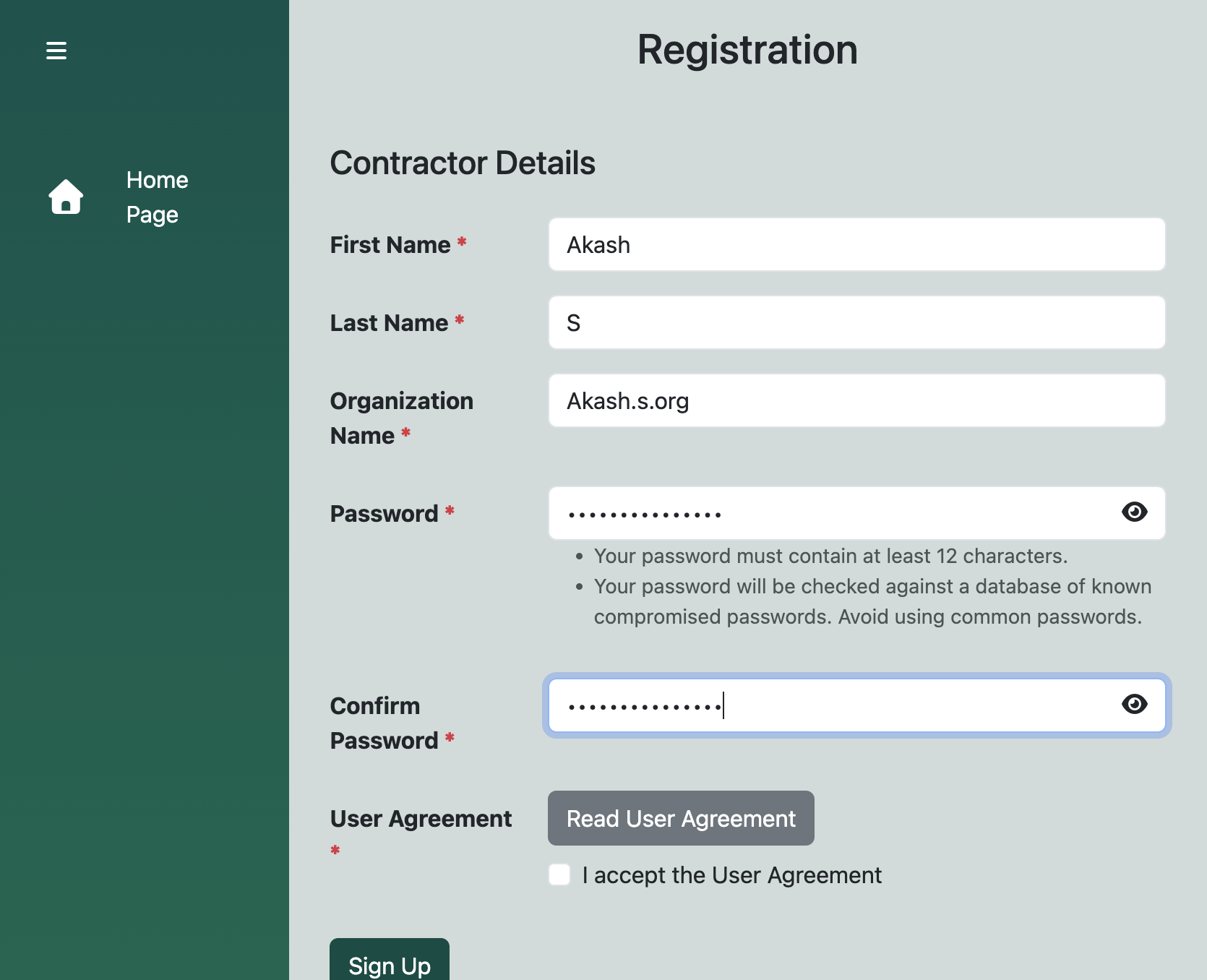 A. Complete the registration form B. Type First Name C. Type Last Name D. Type Organization Name E. Type password F. Confirm password