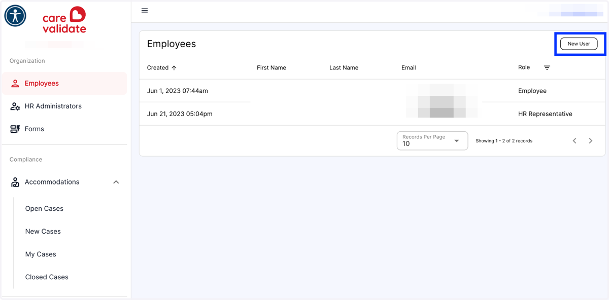 From the Employees Menu, click the New User button in the top right-hand corner