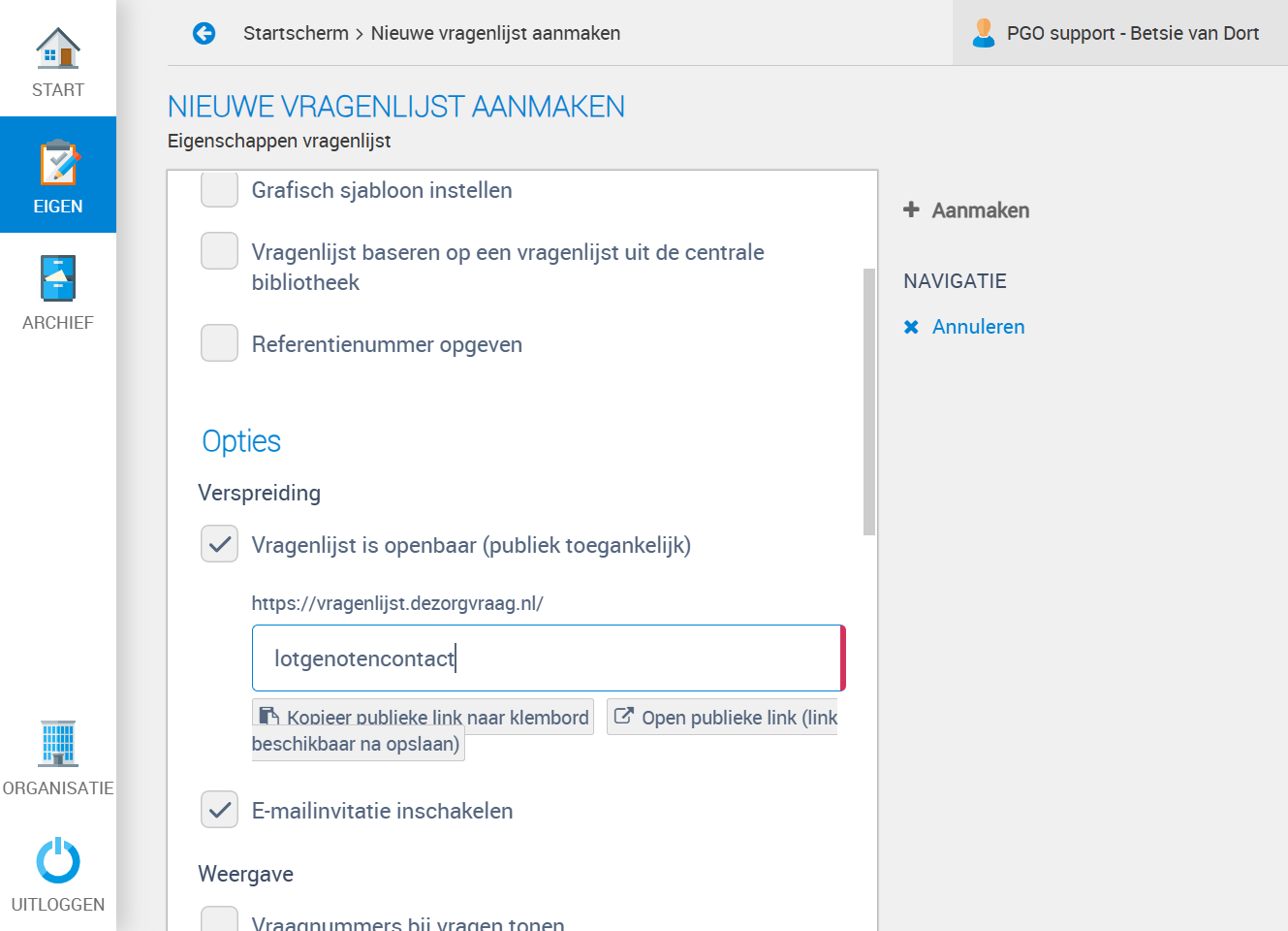 Wil je mensen via een link uitnodigen dan selecteer je vragenlijst is openbaar (publiek toegankelijk).