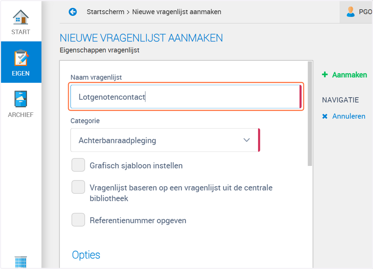 Geef de vragenlijst een herkenbare naam. In ons voorbeeld gebruiken we de naam Lotgenotencontact.