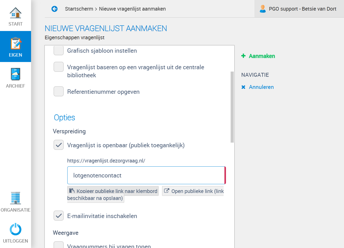Klik op Kopieer publieke link naar klembord, om de link naar je vragenlijst te kopieren.