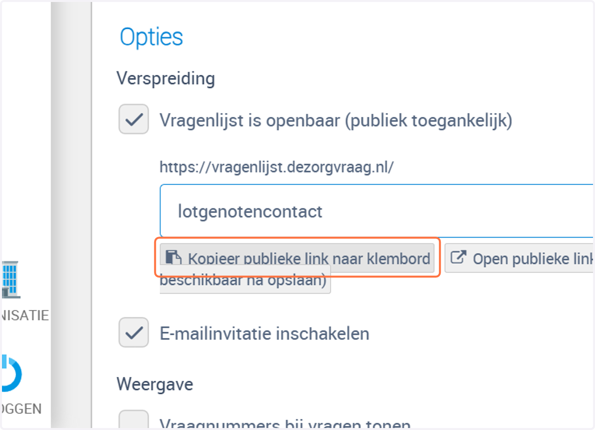 Klik op Kopieer publieke link naar klembord, om de link naar je vragenlijst te kopieren.