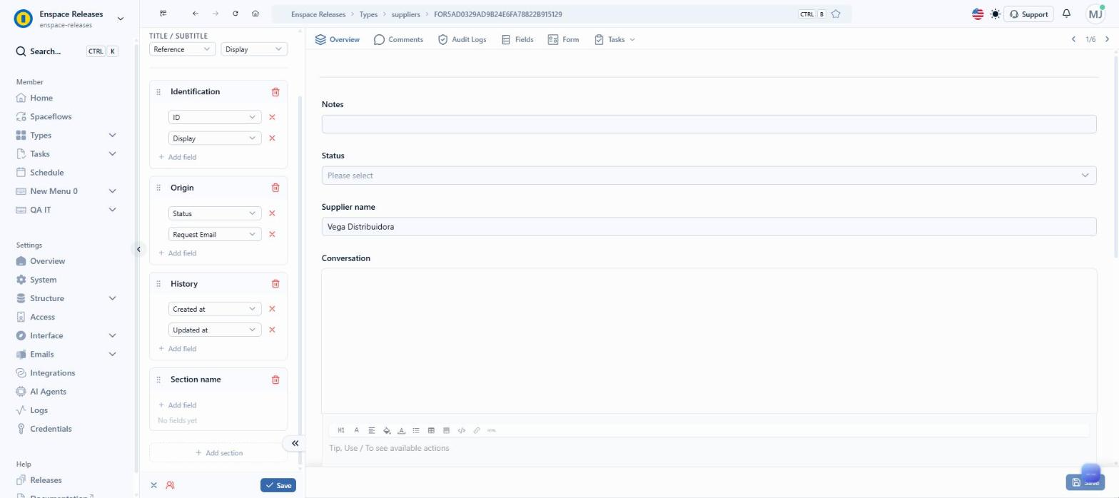 The section is born with the text Section name and the state No fields yet. Delete the text and type the block name
