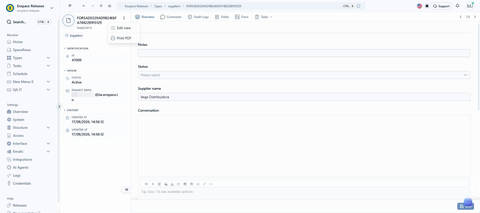 The menu has two options: Print PDF generates a printed version of the record, and Edit view opens the panel configuration. Select Edit view