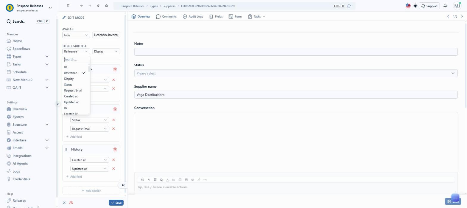 In TITLE / SUBTITLE, each selector opens the field list. At the top come the native ones, like ID, Reference, Display, Status, Created at and Updated at; scrolling the list brings the category form fields and those of the item pointed to by a relatio