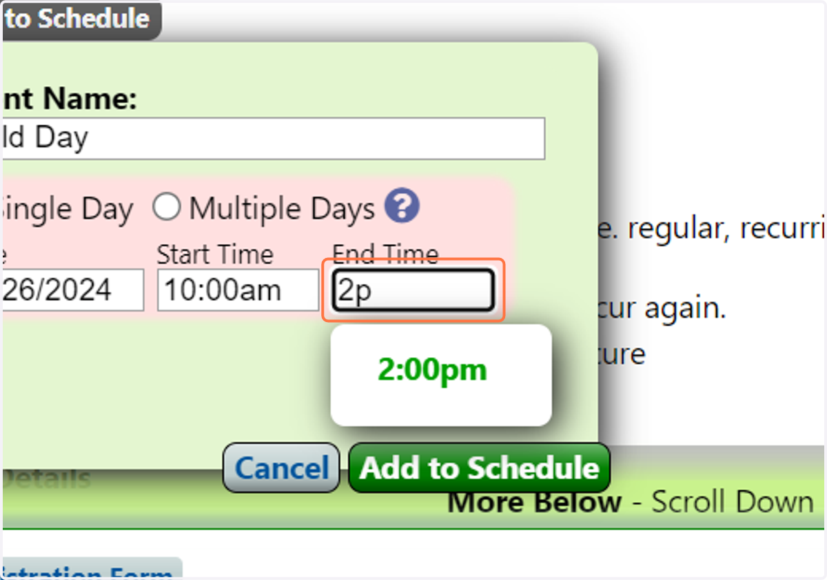 Enter the date(s), start time, and end time