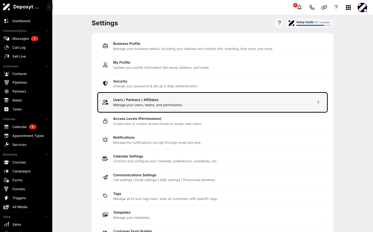 Step 3: You will then be navigated to the Settings page. Click on Users / Partners / Affiliates