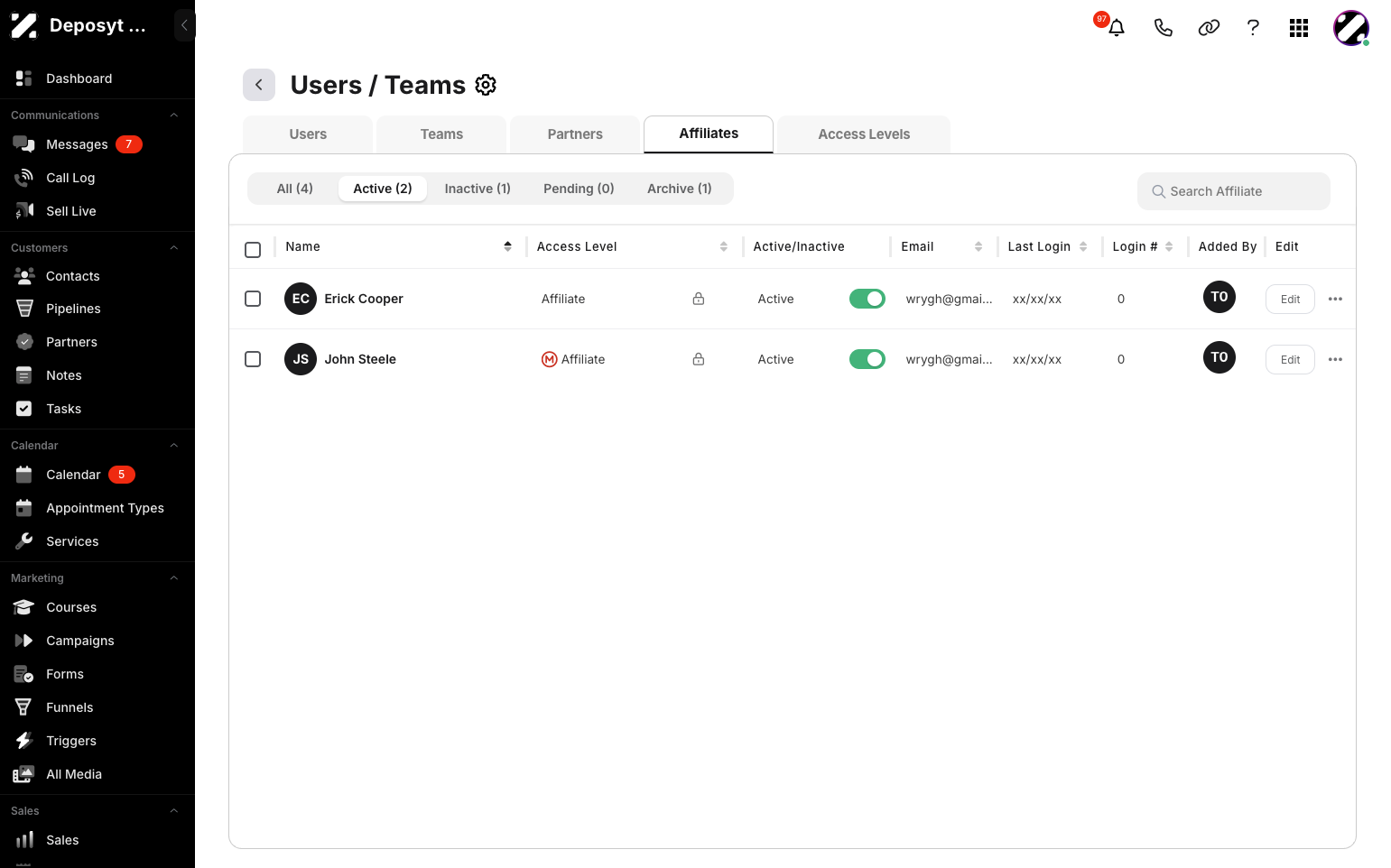 Step 5: In the Active/Inactive column, you will see toggle options to activate or deactivate the affiliate.