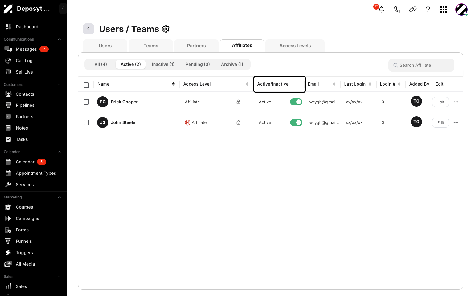 Step 5: In the Active/Inactive column, you will see toggle options to activate or deactivate the affiliate.