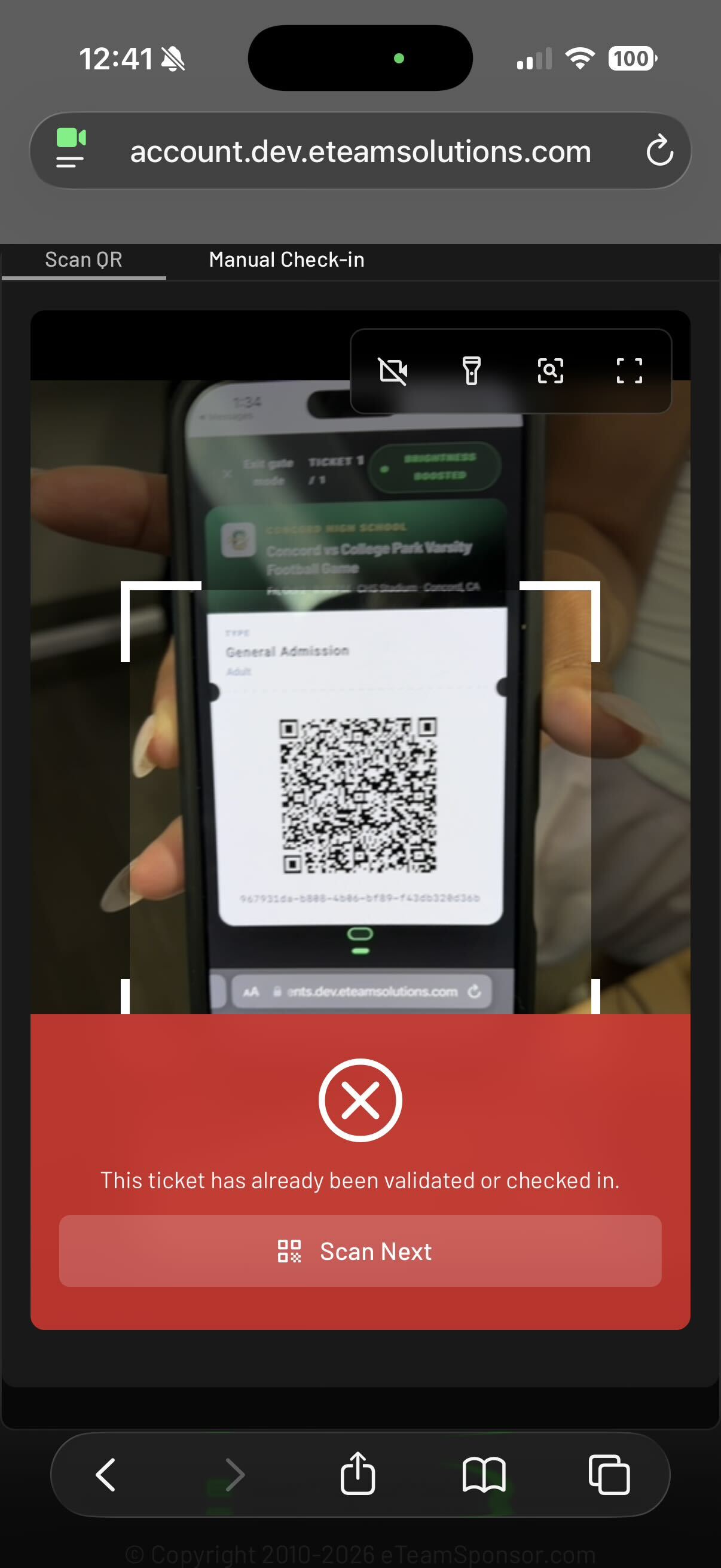 If a ticket has already been scanned, a red message will pop up.