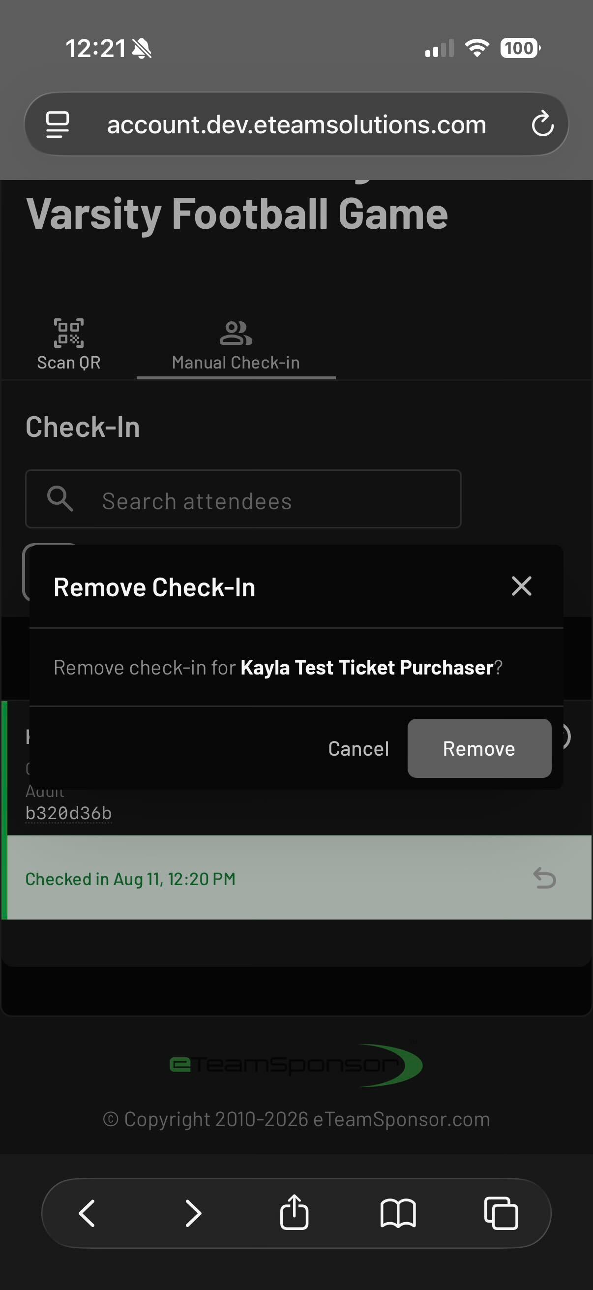 A pop up confirming you want to remove Check-In will appear. If you want to proceed, click Remove.