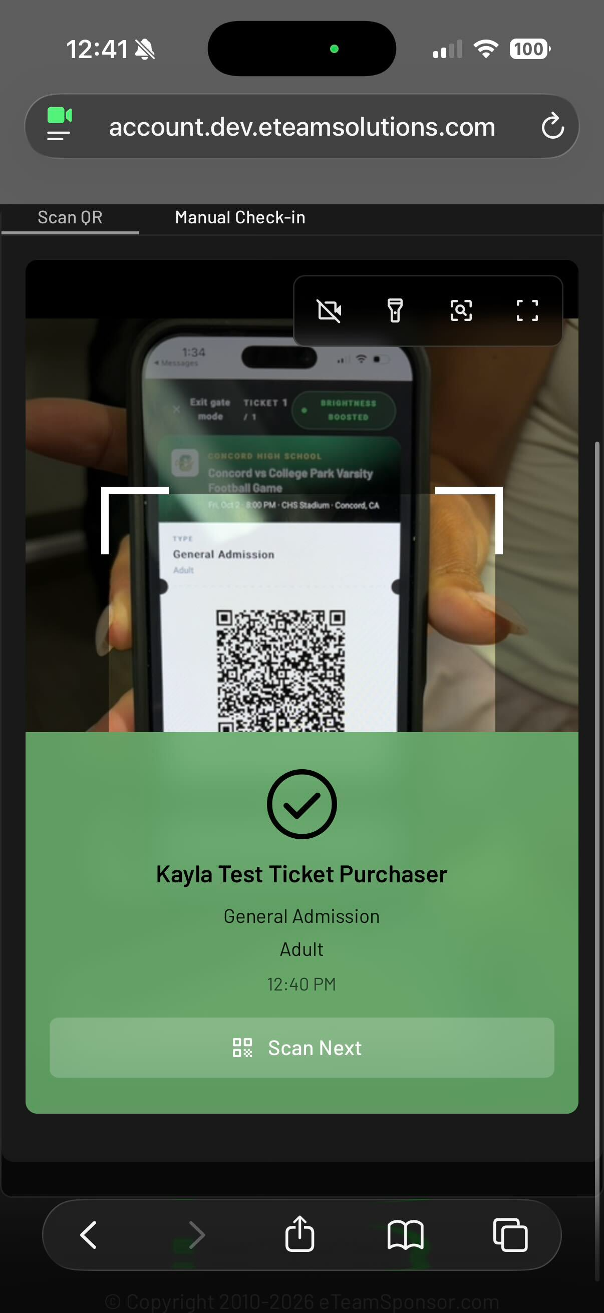 Hover frame over ticket QR code to scan. The green check mark indicates the ticket has been scanned correctly. Click Scan Next to scan the next ticket.