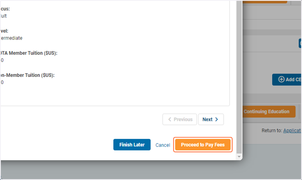 Click on Proceed to Pay Fees - Orange